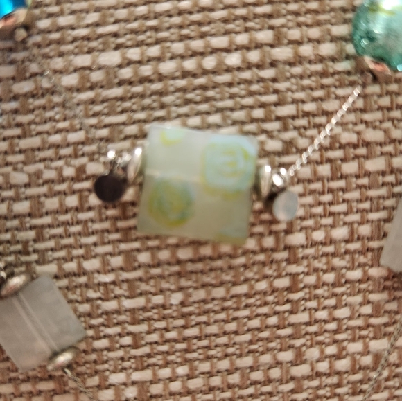 Vintage Teal Blue Acrylic and Rhinestone Triple Strand Necklace - Picture 3 of 7